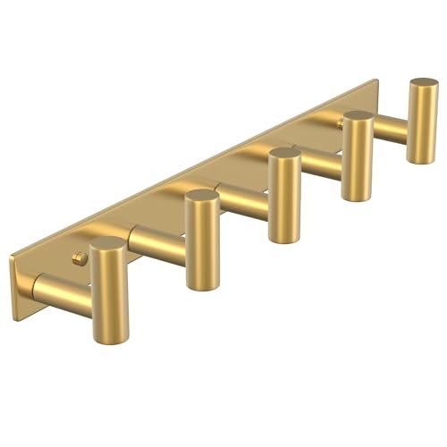 Image of PMMASTO Coat Rack Wall Mounted, 5 inchT Shaped Wall Hooks for Hanging, Heavy Duty Stainless Steel Coat Hook Rail for Hat Towel Robes in Bathroom Kitchen Mudroom Entryway (Gold, 1 Pack)