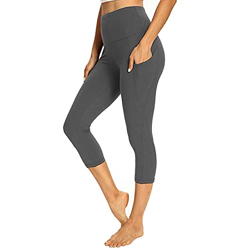 Leggings de mujer de cintura alta, con bolsillos, push up, de un solo color, para deporte, correr, anticelulitis, sin costuras, para yoga, gris oscuro, M