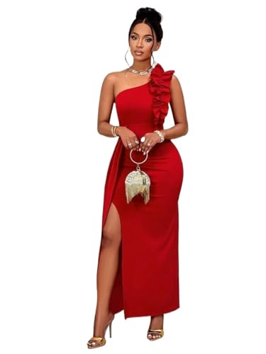 Women's Long Dresses Asymmetrical Shoulder Ruffle Slit Dress