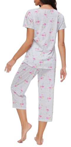 Image of CHUNG Women Cotton Pajama Sets Sleepwear pjs Short Sleeve Shirt Capri Length Crop Pants Cute Vivid Print