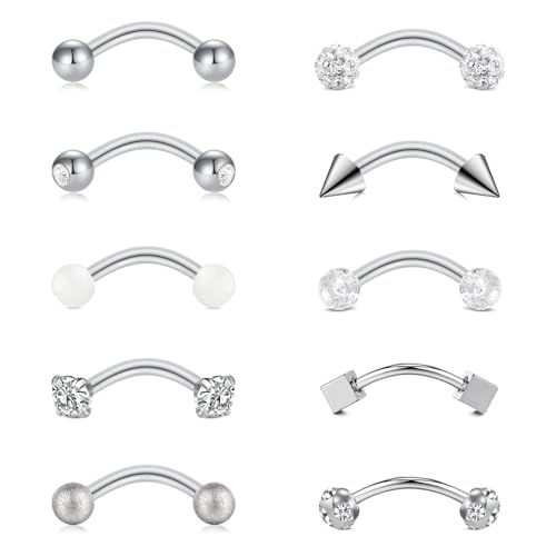 WillTen Lot de 10 piercings verticales para labret, labio, ceja, pendientes curvos, anillos para cejas, labios, daith, hélix, concha, joyería para mujer, plata negro, 8 mm, Acero inoxidable
