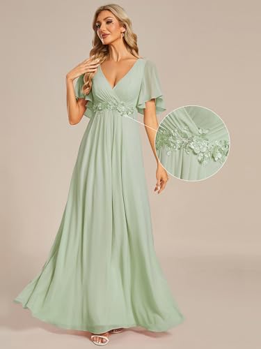 Image of Ever-Pretty Womens V Neck Applique Mother of the Bride Dresses Formal Dress | Chiffon, Short Sleeves, Ruched, A-Line, Bridesmaid Dresses, Formal Gown, Black Tie Dress