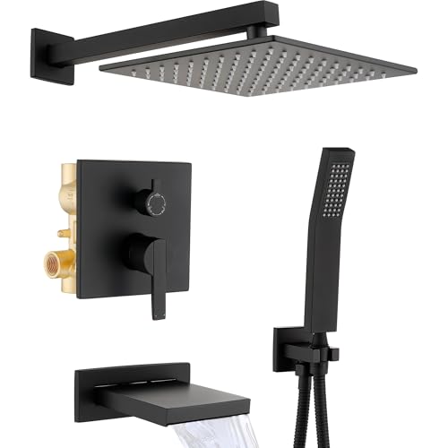 Shower System with Tub Spout, All Metal Black Bathtub Shower Faucet Set with High Pressure 10 Inch...