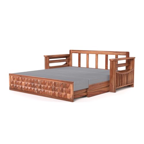 Image of Mamta Furniture Solid Sheesham Wood Sofa Set 3 Seater Furniture Wooden 3 Seater Sofa Cums Bed for Home Living Room with Cushions (Honey with Grey, 3 Seater Design 2)
