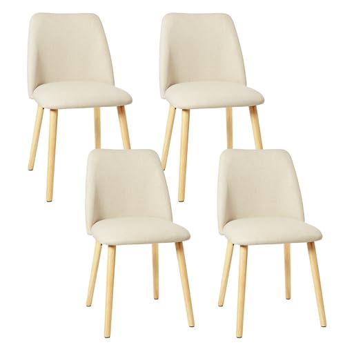 Goeurvant Lot de 4 Chaises de Salle à Manger avec Pieds en Bois, Chaise de Cuisine Rembourrée en Lin, Chaise Fauteuil pour Salon Cuisine Bureau, Crème