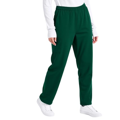 Image of Ladies Work Trousers Elasticated Waist Stretch Summer Nurse Work Pants with 3 Pockets Smart Loose Straight Leg Trousers Comfortable Nurses Health Carer Uniform Office Workwear Dark Green