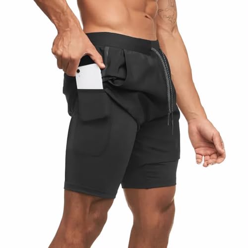 Maizoon Pantalones Cortos para Hombre 2 en 1 de Secado Rápido con Bolsillos para Teléfono Cinturón Elástico Transpirable para Gimnasio y Deportes Negro XXXL