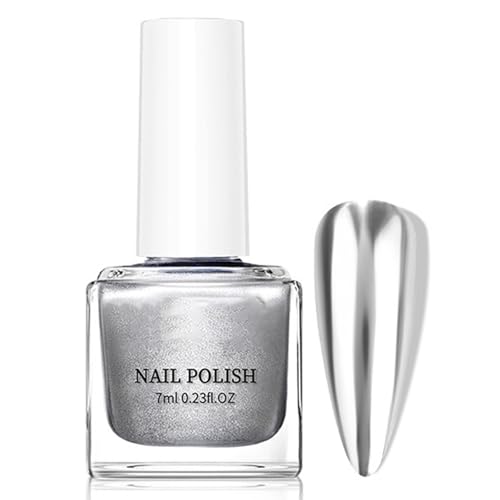 Smalto a specchio argentato, 7 ml, in metallo, effetto specchio, ad asciugatura rapida, cromato, olio di ricino, resistente, infrangibile, non necessita di raggi UV, per donne (argento)