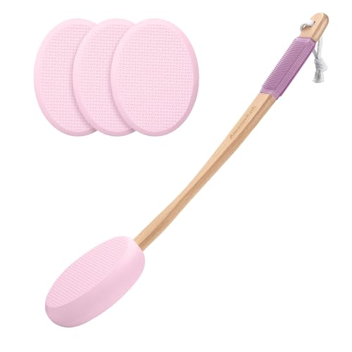 AmazerBath Lotion Applicator for Back Feet 4 Replaceable Pads with Long Handle Back Sunscreen Applicator for Elderly Women Apply Cream Medicine Skin Cream Moisturizer Sunscreen Tanner Pink