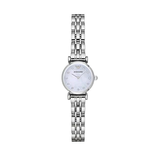 Emporio Armani Reloj Mujer, Movimiento de dos manecillas, caja de acero inoxidable plateado de 22 mm con correa de acero, AR1961, Tono plata y blanco