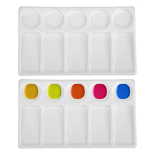 Jucoan 2 Pack 10-Well Ceramic Watercolor Painting Palette, 7-1/2 x 4-1/3-Inch Rectangle Artist Paint Palette, Mixing Tray for Oil Painting, Gouache and Acrylic Paints