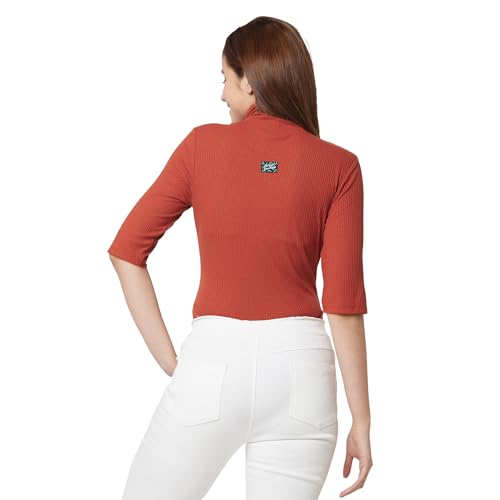 Image of Spykar High Neck 3 /4Th Sleeve Solid Slim Fit T-Shirt for Women