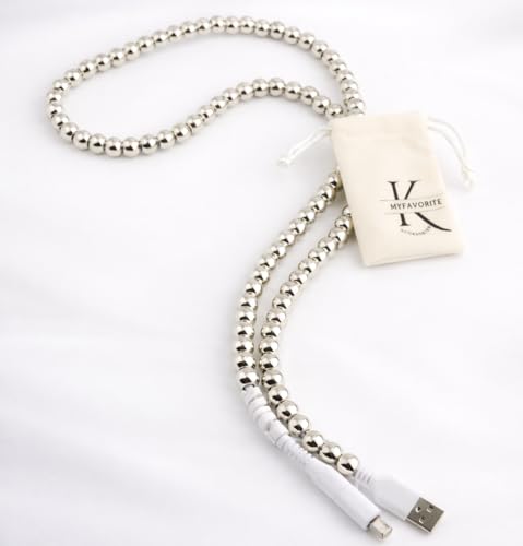 Image of Stylish [Apple MFi Certified] Beaded Phone Charger Cable Metallic Colors USB Cable 2 in1 USB-C Charging Cord for Smartphones 3.3ft (Silver)