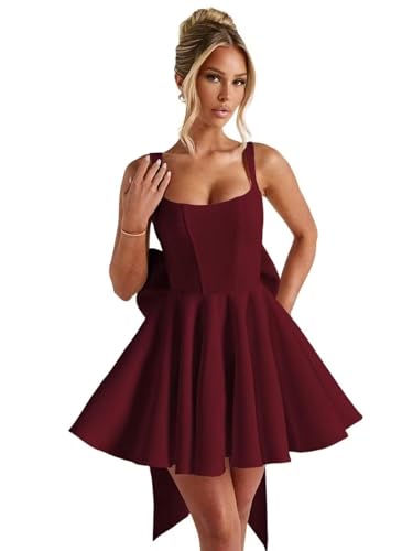 Satin Homecoming Dresses Square Neck Short Prom Dress with Bow Spaghetti Straps Cocktail Party Gown