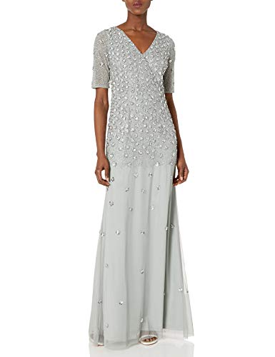 Adrianna Papell Women's 3/4 Sleeve Wrap Front Gown with V-Neckline, Blue Mist, 2