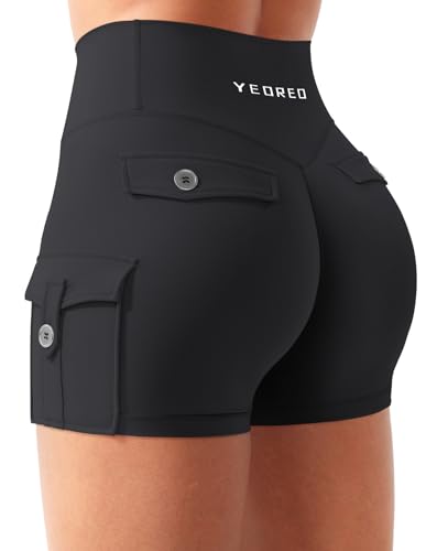YEOREO CoreFlex Women Workout Gym Shorts with Cargo Pockets Hidden Scrunch 3.6