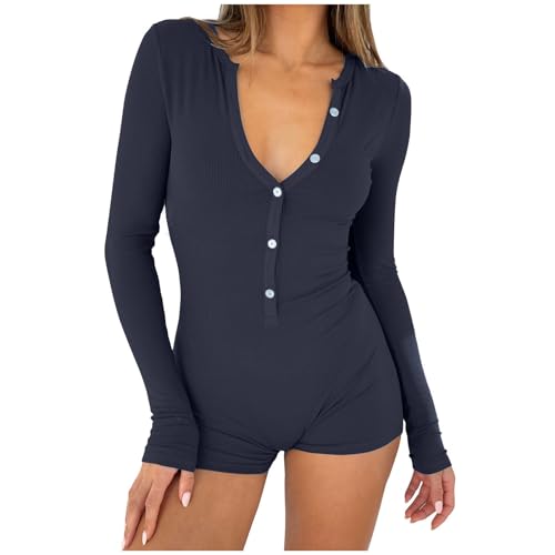 Einteiler Pyjama Kurz Damen, Overall Damen Elegant Langarm Y2K Einteiler Bodysuit Sport V-Ausschnitt Bodycon Comfort Fit Pyjama Onesie Jumpsuit Stretch Schlafanzug Strampler Strand Overall Einteiler