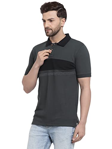 Kalt Men Half Sleeves Polo Neck Cotton Blend Striped T-Shirt