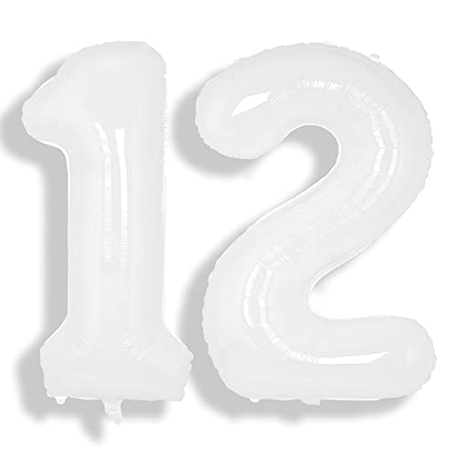 Image of SUWEN 40 Inch White Large 12 Balloon Number Big Foil Helium Numbers 0-9 | Giant Jumbo Happy 12th Birthday Party Decorations for Men or Women Huge Mylar 21 Anniversary Party Supplies