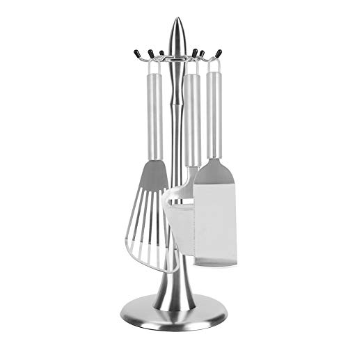 Kitchen Utensil Holder, 17 inch Stainless Steel Kitchen Countertop Utensil Holder with 6 Hooks, Rotating Storage Stand Rack for Spoon, Spatula, Soup Ladle