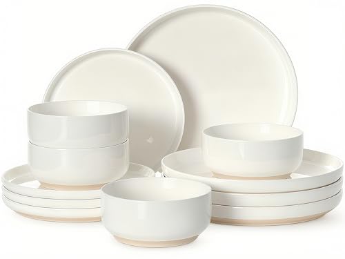Plates and Bowls Sets, Dinnerware Sets for 4, 12 Pieces Scratch Resistant Dishware Dishes Set, Ceramic Kitchen Dinner Set, Porcelain & Microwave and Dishwasher Safe, Cream White