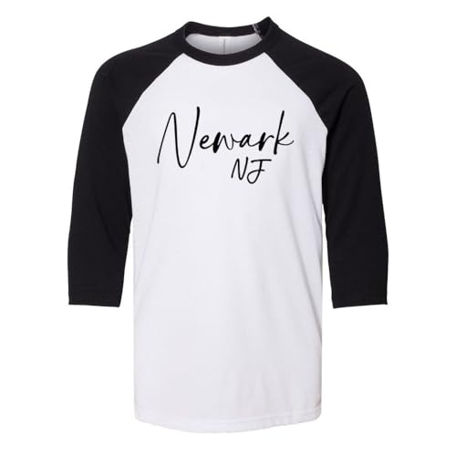 Script Newark New Jersey Kids Three-Quarter Raglan Sleeve Baseball Shirt Youth Small White/Black