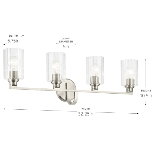 Image of Kichler Gioe 32.25 inch 4-Light Bathroom Vanity Light Fixture with Clear Fluted Glass in Brushed Nickel, Damp Rated for Bathroom, Powder Room, Over Mirror (32.25 inch W x 10.5 inch H), 55227NIFLU