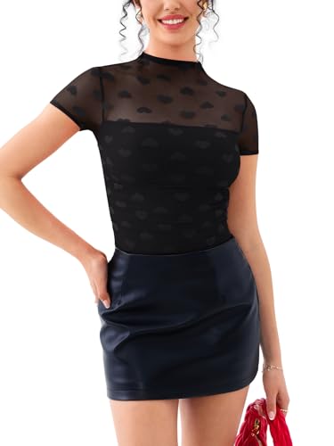 Image of REORIA Women's Sexy Mock Turtle Neck Short Sleeve Shirts Sheer Mesh Ruched Trendy Going Out Bodysuits Tops