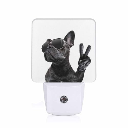 Image of LED Night Light,Cool Trendy Pose French Bulldog with Sunglasses LED Night Light Plug into Wall with Dusk to Dawn Light Sensor White Energy Efficient Nightlight for Bedroom Hallway Living Room