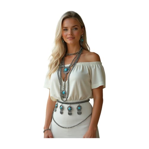 Women Bohemian Fashion Belt Antique Silver Metal Chain Feather Charm Turquoise Beads XS S M