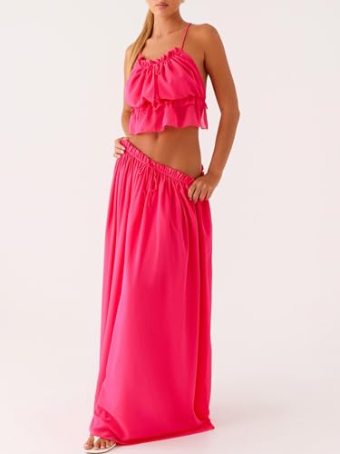 Women Boho Maxi Skirt Set Y2k Halter Backless Cami Top Flowy Ruffle Long Skirt 2 Piece Outfits Beachwear2