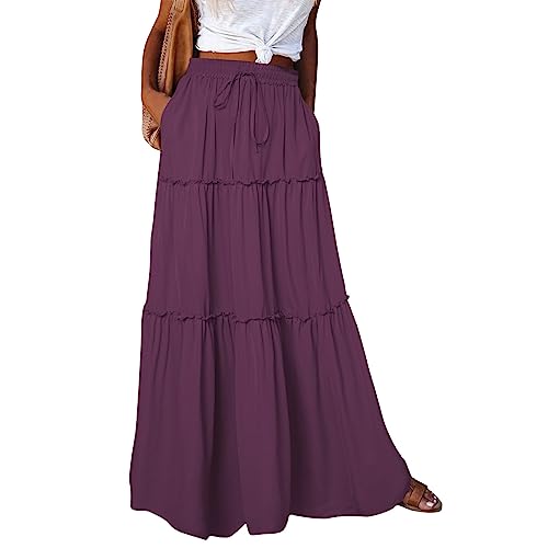 Maxi Solid Skirts for Women High Waisted Tiered A Line Flowy Long Skirt Loose Comfy Elastic Casual Swing Y2k Skirts