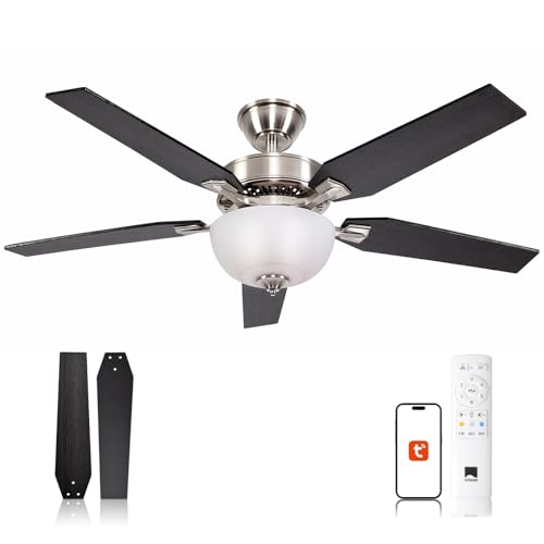 Orison 52 inch Indoor Ceiling Fan with Light, Flush Mount Ceiling Fans with Remote/APP Control, Smart Ceiling Fan for Bedroom, Living Room, Dimmable LED, Reversible Motor, 5 Blades