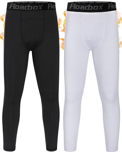Roadbox Boys Thermal Pants, 2 Pack Kids Fleece Lined Leggings, Youth Sports Baseball Hockey Compression Tights Cold Weather
