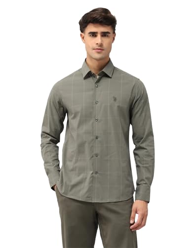 Image of U.S.Polo Association Men's Windowpane Checked Tailored Fit Shirt (USSHTP1090 Green 48)