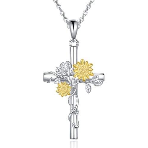 POPLYKE Sunflower/Ladybug/Bee/Dragonfly/Turtle Cross Necklace for Women 925 Sterling Silver Ststhoscope Cross Necklace Pendant Jewelry for Women
