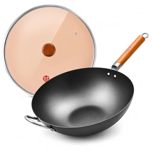 WANGYUANJI 14.2 Inch Carbon Steel Wok with Glass Lid 5.7 Qt Flat Bottom Stir Fry Pan Heavy Duty Uncoated Chinese Wok for Induction Gas Electric and Ceramic Stoves