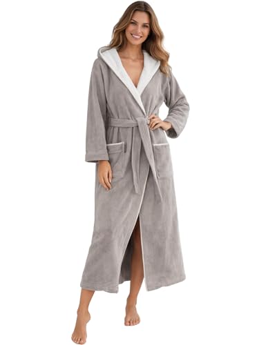 Morgenstern Bademantel Damen mit Kapuze 100% Baumwolle Frottee OEKO-TEX® Morgenmantel Leonie Taupe Größe L