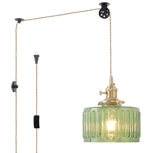 Image of Shenmoyl Plug in Pendant Light Hanging Light Fixture Corded On /Off Switch Brass Pendant Light with Green Striped Glass Lampshade for Bedroom Living Room Kitchen Island