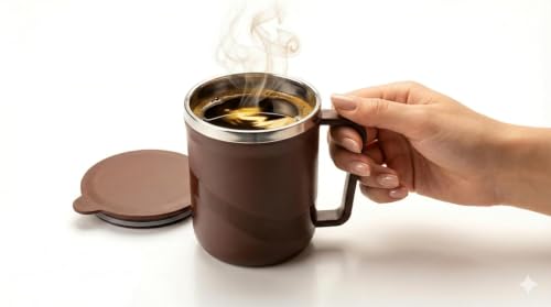 Image of XMART India Insulated Stainless Steel Coffee Mug with Lid - 300ml Double Wall Tea & Milk Mug for Travel, Home, Office, Restaurant Stylish, Leakproof, Drinkware Gifts for Woman,Man (1, Brown)