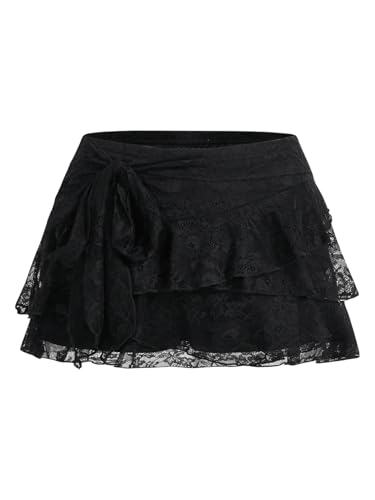 SHENHE Women's Lace Low Rise Y2k Layered Ruffle Tie Bow Mini Skirt Cute Cake Skirt