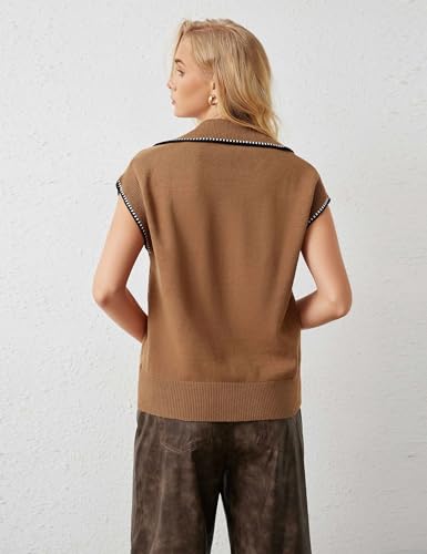 Image of MISSACTIVER Women Casual Button Down Lapel Collar Sweater Vest Sleeveless Knit Loose Fit Stripe Trim Pullover Tank Tops(Medium,Light Brown)
