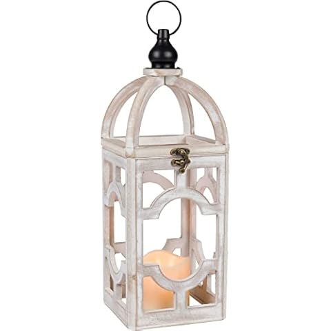 Orchid & Ivy 16-Inch White Distressed Open Wood Decorative Candle Holder Lantern w/Metal Hanger, LED Votive – Rustic Elegant Farmhouse Indoor Hanging Wooden Tabletop Wedding Home Decor Decoration Cover