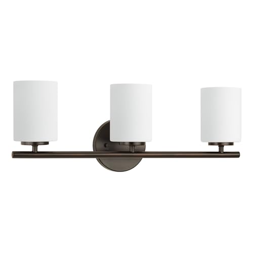 Image of Progress Lighting Replay Collection 3 Light Bathroom Vanity Light, Modern Bath Lighting Fixture with Etched White Glass Shades for Over the Mirror, Reversible Mounting, Antique Bronze