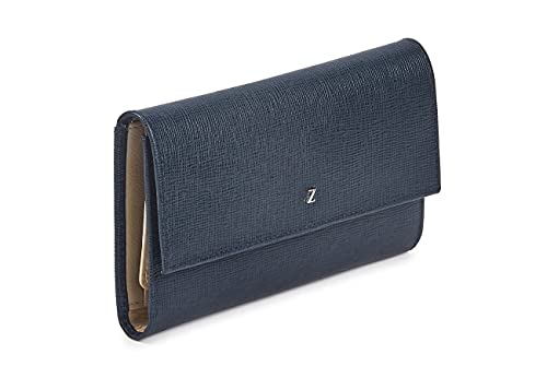 Zinda Genuine Leathers Women’s Wallet Rfid Protection Purse Long Trifold Flap Over (Blue/Beige) #TOP2