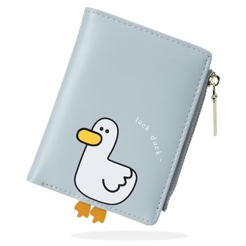 Image of CONISY Cute Wallets for Women, Leather Bifold Small Wallet with Zipper Coin Purse, RFID Blocking Wallet for Girls and Ladies, Duck Blue, Moden
