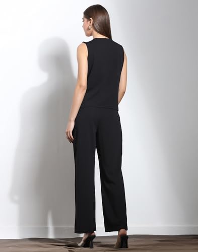 Image of Selvia Navy Blue Lycra Co-ord Set for Women, Button Detail Waist Top and Trouser Pant