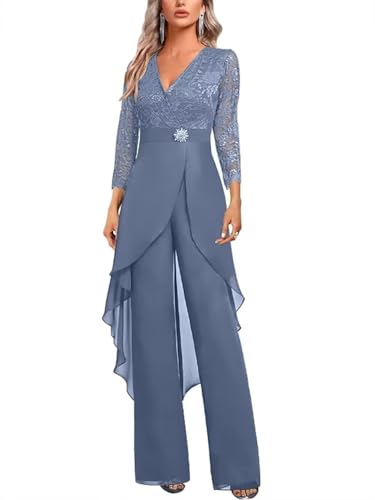 2 Pieces Mother of The Bride Pant Suits for Women Dressy V Neck Lace Grandmother of The Bride Pantsuits for Wedding DP018 Dusty Blue