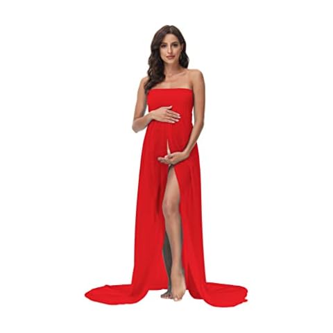 JustVH Maternity Chiffon Off Shoulder Strapless Wrapped Gown Front Split Maxi Photography Dress for Photoshoot, A - Red, One Size Cover