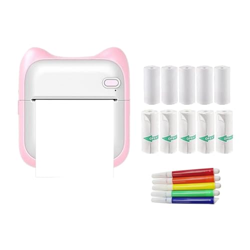 Kznifmk Mini Impresora para Hacer Calcomanías, Impresora Térmica Portátil para Calcomanías, Mini Impresora Sin Tinta con 10 Rollos de Papel y 5 Bolígrafos de Colores